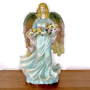 Vintage Angel Figurine by World Bazaars  with Intricate Floral Details Blue 8”